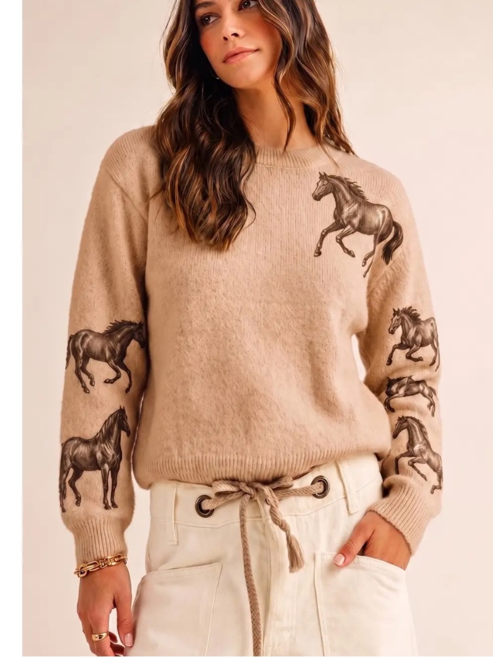 IVE NWT Equestrian Beige Horse-Print Crewneck Sweater